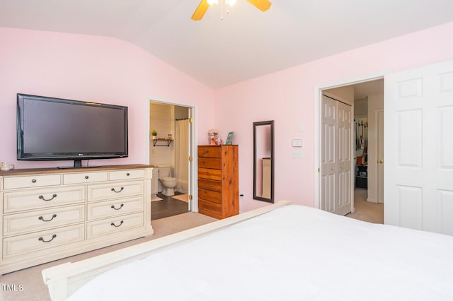 610 Walnut Woods Dr, Morrisville, NC 27560 - bedroom with lofted ceiling, ensuite bath, and ceiling fan