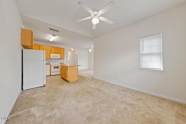 285 Plaza Dr Unit C, Chapel Hill, NC 27517 - kitchen featuring white appliances, ceiling fan, vaulted ceiling, open floor plan, and light countertops