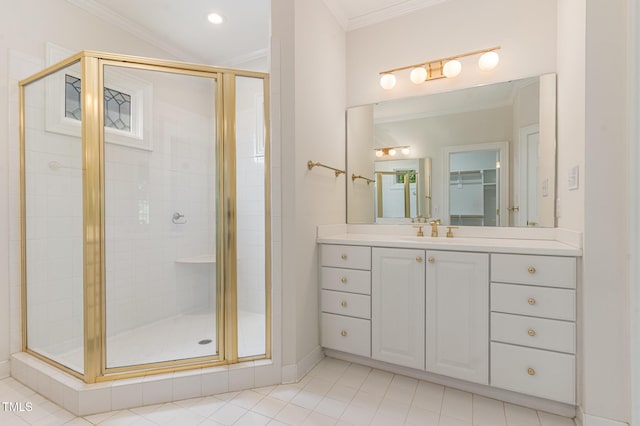 218 W Barbee Chapel Rd, Chapel Hill, NC 27517 - bathroom featuring ornamental molding, vanity, a shower stall, tile patterned floors, and baseboards