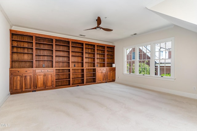 218 W Barbee Chapel Rd, Chapel Hill, NC 27517 - unfurnished living room with carpet, ornamental molding, baseboards, and a ceiling fan
