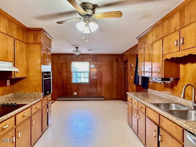 1007 Driftwood Dr, Siler City, NC 27344 - kitchen with appliances with stainless steel finishes, a baseboard radiator, light floors, wood walls, and ceiling fan