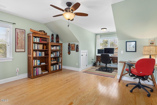 215 Dungarven Loop, Cary, NC 27513 - office with wood finished floors, baseboards, ceiling fan, and vaulted ceiling