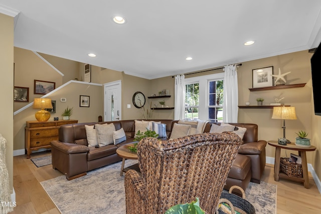 115 E Seve Ct, Morrisville, NC 27560 - living area with baseboards, recessed lighting, wood finished floors, and crown molding