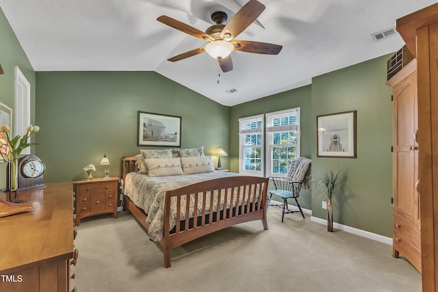 115 E Seve Ct, Morrisville, NC 27560 - bedroom with light carpet, lofted ceiling, baseboards, ceiling fan, and a textured ceiling