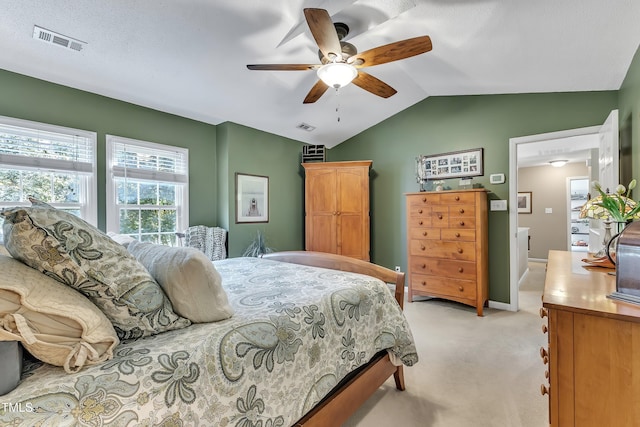 115 E Seve Ct, Morrisville, NC 27560 - bedroom featuring light colored carpet, lofted ceiling, a ceiling fan, and baseboards
