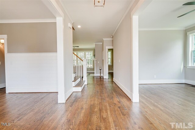 105 Everam Ct, Chapel Hill, NC 27516 - entrance foyer featuring stairs, ceiling fan, crown molding, wood finished floors, and baseboards