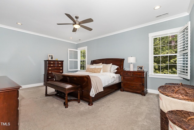 105 Everam Ct, Chapel Hill, NC 27516 - bedroom featuring baseboards, light colored carpet, crown molding, recessed lighting, and a ceiling fan