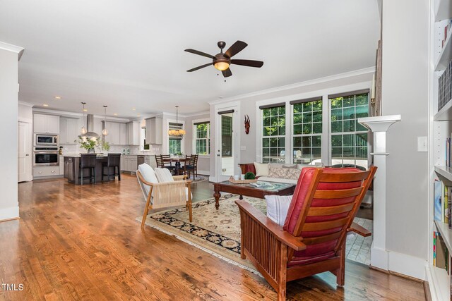 105 Everam Ct, Chapel Hill, NC 27516 - living room featuring ornamental molding, ceiling fan, wood finished floors, and recessed lighting