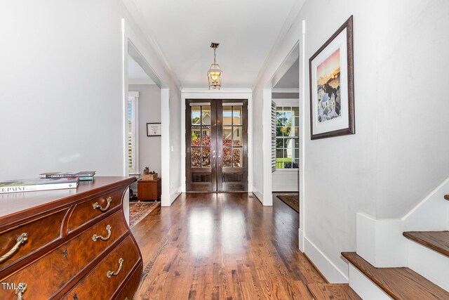 105 Everam Ct, Chapel Hill, NC 27516 - entryway with french doors, dark wood-style flooring, baseboards, and ornamental molding
