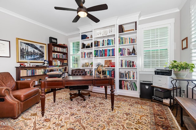 105 Everam Ct, Chapel Hill, NC 27516 - home office with wood finished floors, a ceiling fan, and crown molding