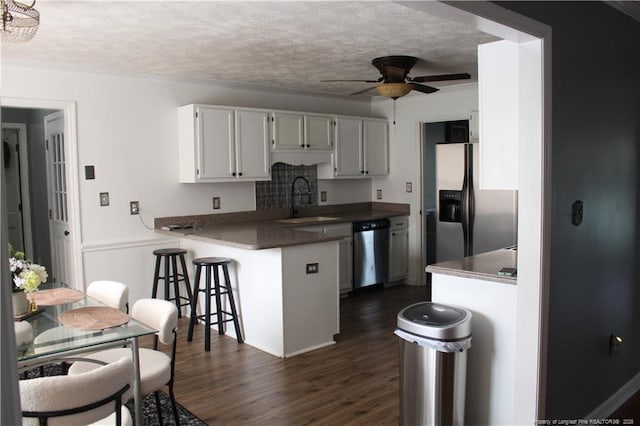 1955 Fairforest Dr, Fayetteville, NC 28304 - kitchen featuring appliances with stainless steel finishes, a sink, dark wood-style floors, a peninsula, and ceiling fan