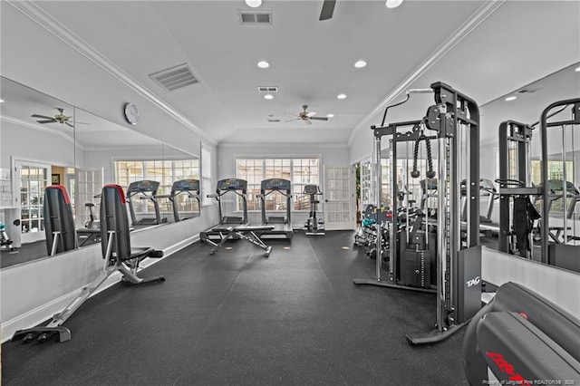 220 Gallery Dr Unit 201, Spring Lake, NC 28390 - exercise room featuring ceiling fan, ornamental molding, and recessed lighting