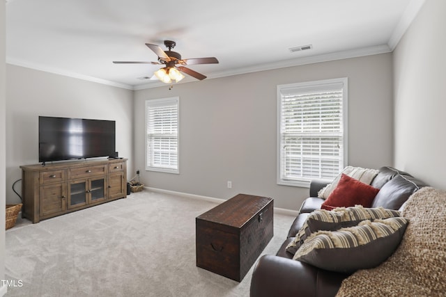 107 Trackimire Ln, Apex, NC 27539 - living room featuring crown molding, ceiling fan, light colored carpet, and baseboards