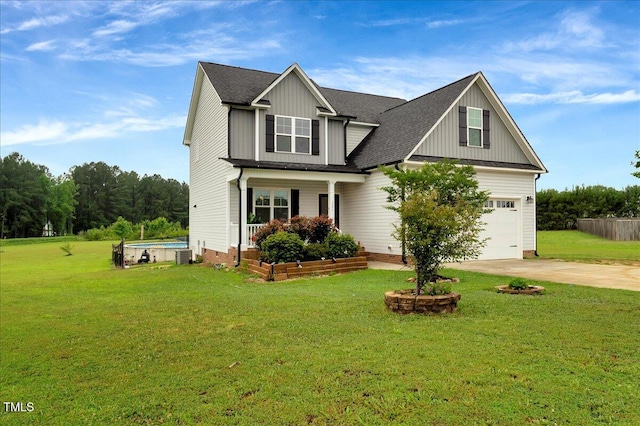 131 Hawick Ct, Zebulon, NC 27597 - craftsman-style home with concrete driveway, covered porch, roof with shingles, board and batten siding, and a garage