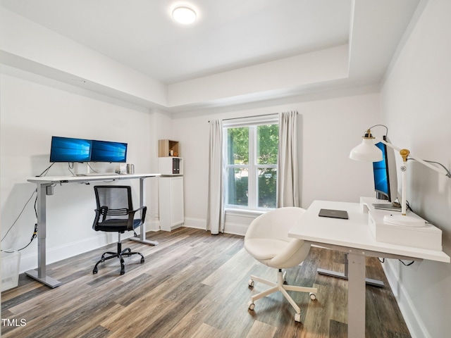 222 Glenwood Ave Unit 213, Raleigh, NC 27603 - office area featuring wood finished floors and a tray ceiling