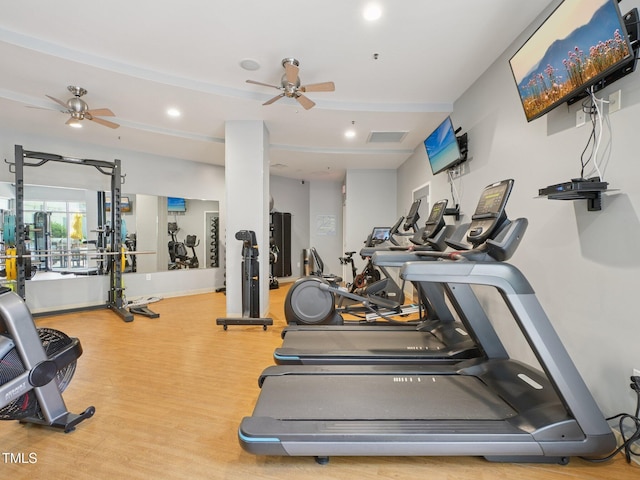 222 Glenwood Ave Unit 213, Raleigh, NC 27603 - gym featuring a ceiling fan, wood finished floors, and recessed lighting