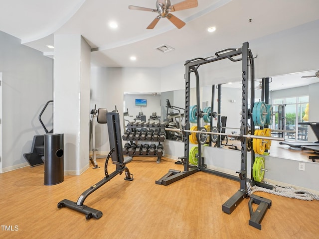 222 Glenwood Ave Unit 213, Raleigh, NC 27603 - workout area with a ceiling fan, wood finished floors, and recessed lighting
