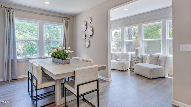 1124 Sun Springs Rd, Wake Forest, NC 27587 - dining space featuring baseboards, wood finished floors, and recessed lighting