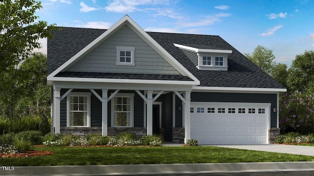1124 Sun Springs Rd, Wake Forest, NC 27587 - craftsman inspired home with roof with shingles, driveway, stone siding, a porch, and a garage
