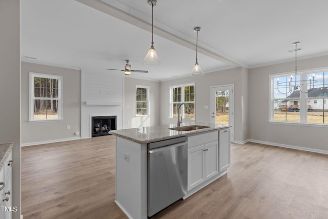 4529 Sweet Williams Ln, Wilson, NC 27896 - kitchen with dishwasher, a sink, ornamental molding, light wood finished floors, and a fireplace