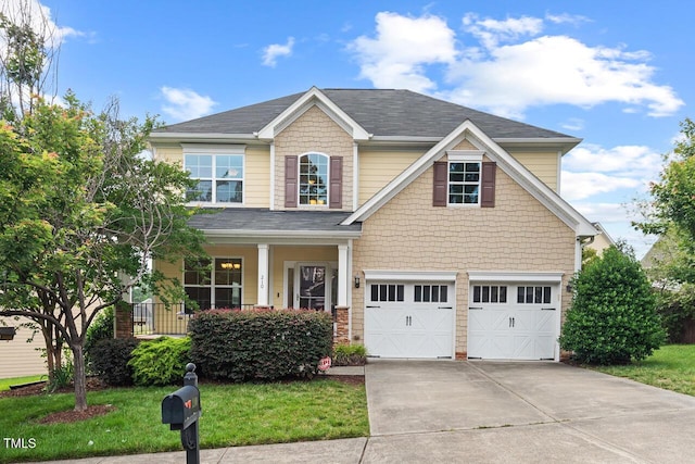 210 Strolling Way, Durham, NC 27707 - view of front facade with driveway, a garage, covered porch, roof with shingles, and a front lawn