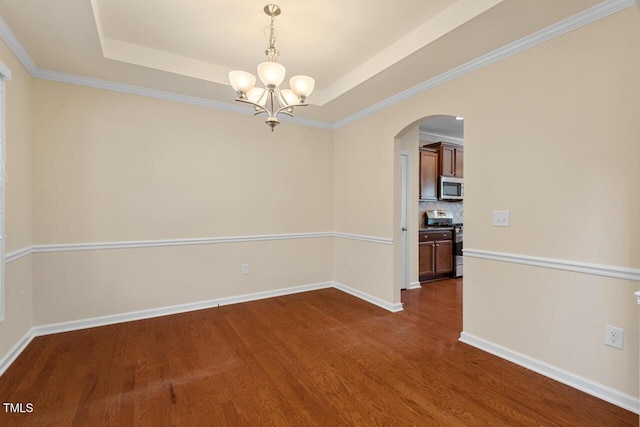 210 Strolling Way, Durham, NC 27707 - empty room with dark wood-type flooring, a chandelier, arched walkways, a raised ceiling, and baseboards