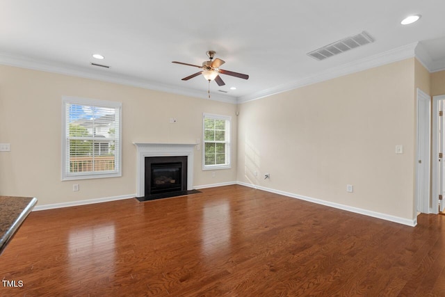 210 Strolling Way, Durham, NC 27707 - unfurnished living room with a ceiling fan, wood finished floors, ornamental molding, a fireplace with flush hearth, and baseboards