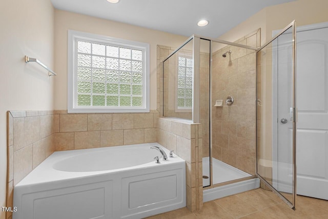210 Strolling Way, Durham, NC 27707 - bathroom with a bath, a shower stall, tile patterned floors, and recessed lighting