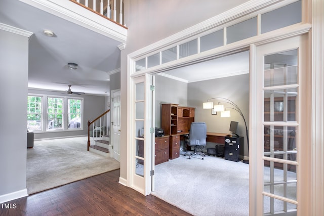 405 Widdington Ln, Cary, NC 27519 - doorway featuring an office area, crown molding, stairs, a ceiling fan, and french doors