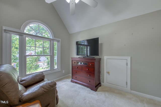 405 Widdington Ln, Cary, NC 27519 - living area featuring light colored carpet, ceiling fan, and high vaulted ceiling