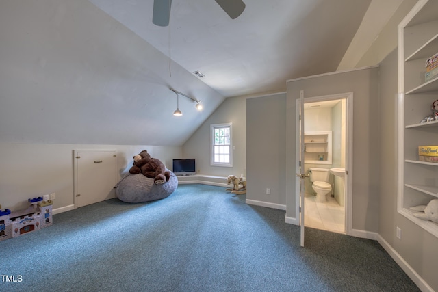 405 Widdington Ln, Cary, NC 27519 - additional living space with vaulted ceiling, carpet floors, and a ceiling fan