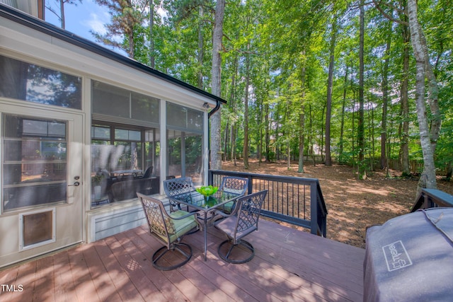 405 Widdington Ln, Cary, NC 27519 - wooden deck featuring outdoor dining space, a sunroom, and a grill