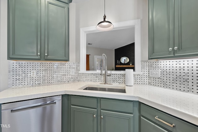 3705 Highland Creek Dr, Apex, NC 27539 - kitchen featuring dishwasher, green cabinetry, a sink, backsplash, and pendant lighting