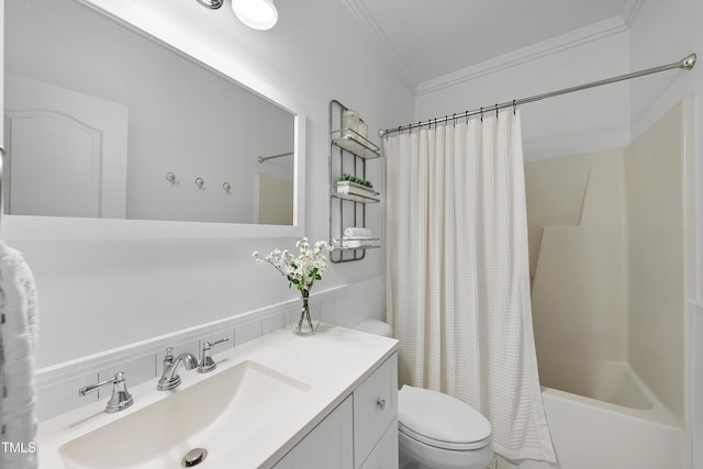 3705 Highland Creek Dr, Apex, NC 27539 - bathroom with ornamental molding, toilet, vanity, and shower / bath combo with shower curtain