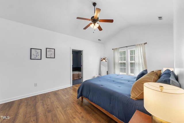 3705 Highland Creek Dr, Apex, NC 27539 - bedroom with lofted ceiling, wood finished floors, baseboards, ensuite bathroom, and a ceiling fan