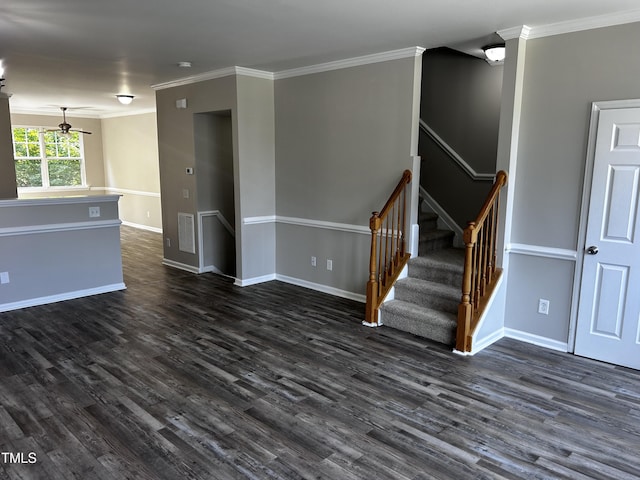 1527 Haywards Heath Ln, Apex, NC 27502 - unfurnished living room featuring dark wood-style floors, crown molding, baseboards, and a ceiling fan