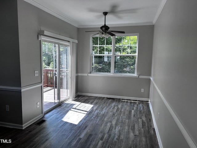 1527 Haywards Heath Ln, Apex, NC 27502 - unfurnished dining area featuring ceiling fan, dark wood-style flooring, baseboards, and crown molding