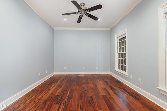 7604 Copper Creek Ct, Wake Forest, NC 27587 - unfurnished room with ornamental molding, a ceiling fan, baseboards, dark wood finished floors, and recessed lighting