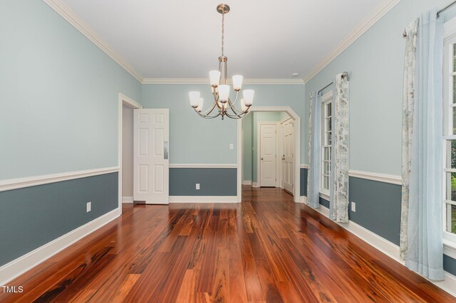 7604 Copper Creek Ct, Wake Forest, NC 27587 - unfurnished dining area featuring a chandelier, wood finished floors, crown molding, and baseboards
