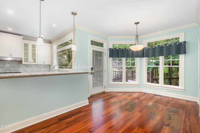 7604 Copper Creek Ct, Wake Forest, NC 27587 - unfurnished dining area with dark wood-style floors, baseboards, ornamental molding, a sink, and recessed lighting