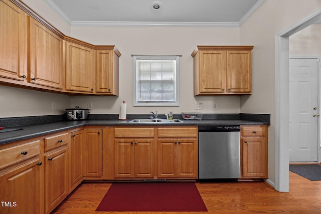 106 Oak Rd, Butner, NC 27509 - kitchen with stainless steel dishwasher, a sink, dark wood finished floors, ornamental molding, and dark countertops