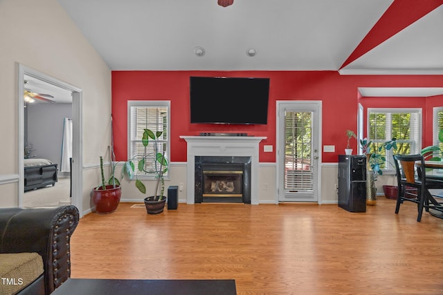 106 Oak Rd, Butner, NC 27509 - living room featuring a ceiling fan, wood finished floors, a premium fireplace, and healthy amount of natural light