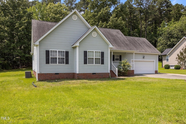 106 Oak Rd, Butner, NC 27509 - view of front of house featuring crawl space, central air condition unit, concrete driveway, a garage, and a shingled roof