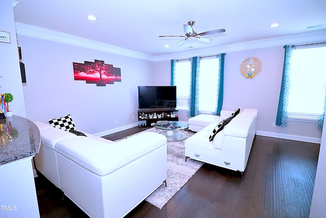 1141 Boxcar Way, Apex, NC 27502 - living room with ceiling fan, crown molding, wood finished floors, baseboards, and recessed lighting