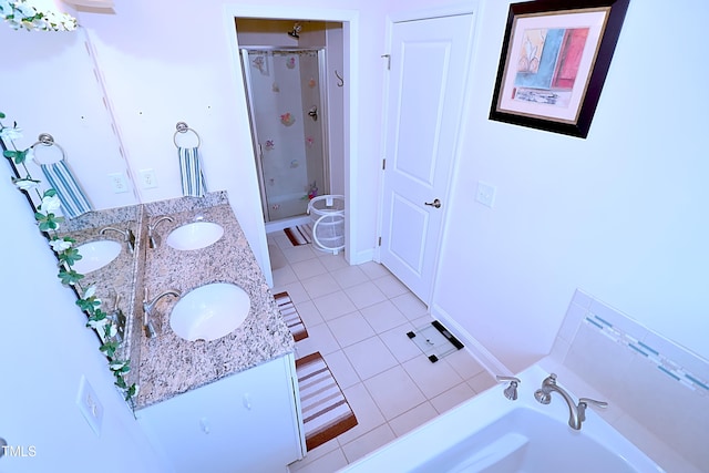 1141 Boxcar Way, Apex, NC 27502 - full bathroom featuring a shower stall, tile patterned flooring, double vanity, and a bath