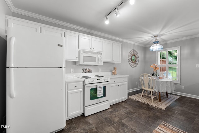 1731 Malone Rd Unit A, Burlington, NC 27215 - kitchen featuring white appliances, light countertops, white cabinets, baseboards, and ornamental molding