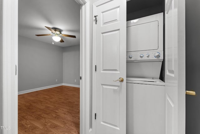 1731 Malone Rd Unit A, Burlington, NC 27215 - washroom featuring stacked washer / drying machine, ceiling fan, wood finished floors, and baseboards