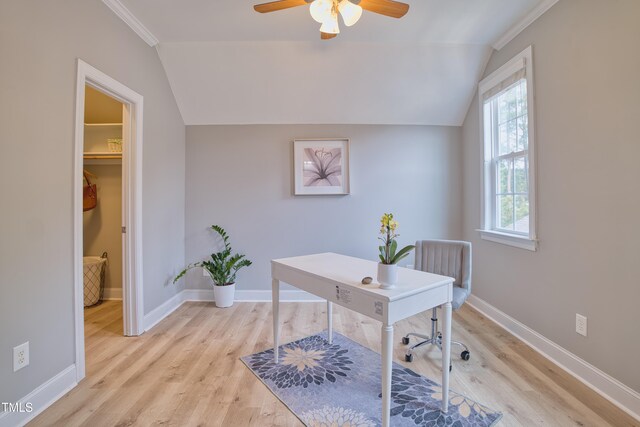 1161 Golden Star Way, Wake Forest, NC 27587 - home office featuring ceiling fan, baseboards, light wood finished floors, lofted ceiling, and ornamental molding