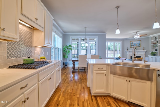 1161 Golden Star Way, Wake Forest, NC 27587 - kitchen featuring appliances with stainless steel finishes, a sink, light countertops, light wood-style floors, and crown molding