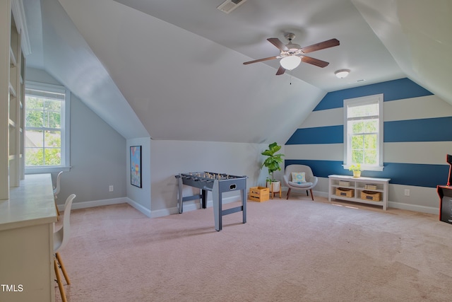 1161 Golden Star Way, Wake Forest, NC 27587 - recreation room with vaulted ceiling, carpet, ceiling fan, and baseboards